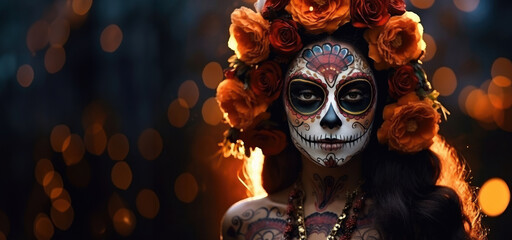 Traditional mexican celebrations. Woman with face paint and flowers on her head, ready for celebration of the day of the dead, banner