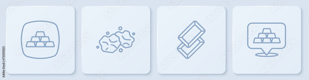 Poster set line gold bars, nugget and . white square button. vector