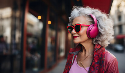 Trendy old woman with grey hair in fashionable outfit and modern sunglasses, listening to the music with headphones, urban modern city background
