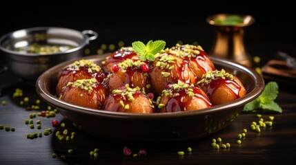Gulab Jamun with Pistachio Garnish. Best For Banner, Flyer, and Poster - obrazy, fototapety, plakaty