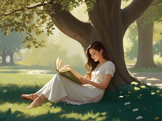 woman reading book in park
