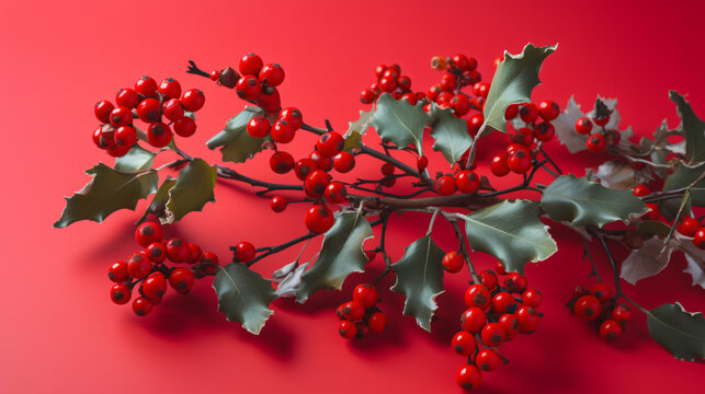 Holly branches adorned with vibrant red berries against a backdrop of a winter wonderland.