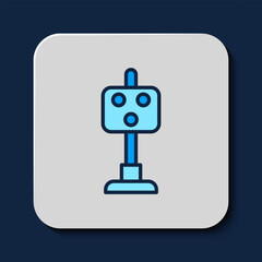 Filled outline Train traffic light icon isolated on blue background. Traffic lights for the railway to regulate the movement of trains. Vector