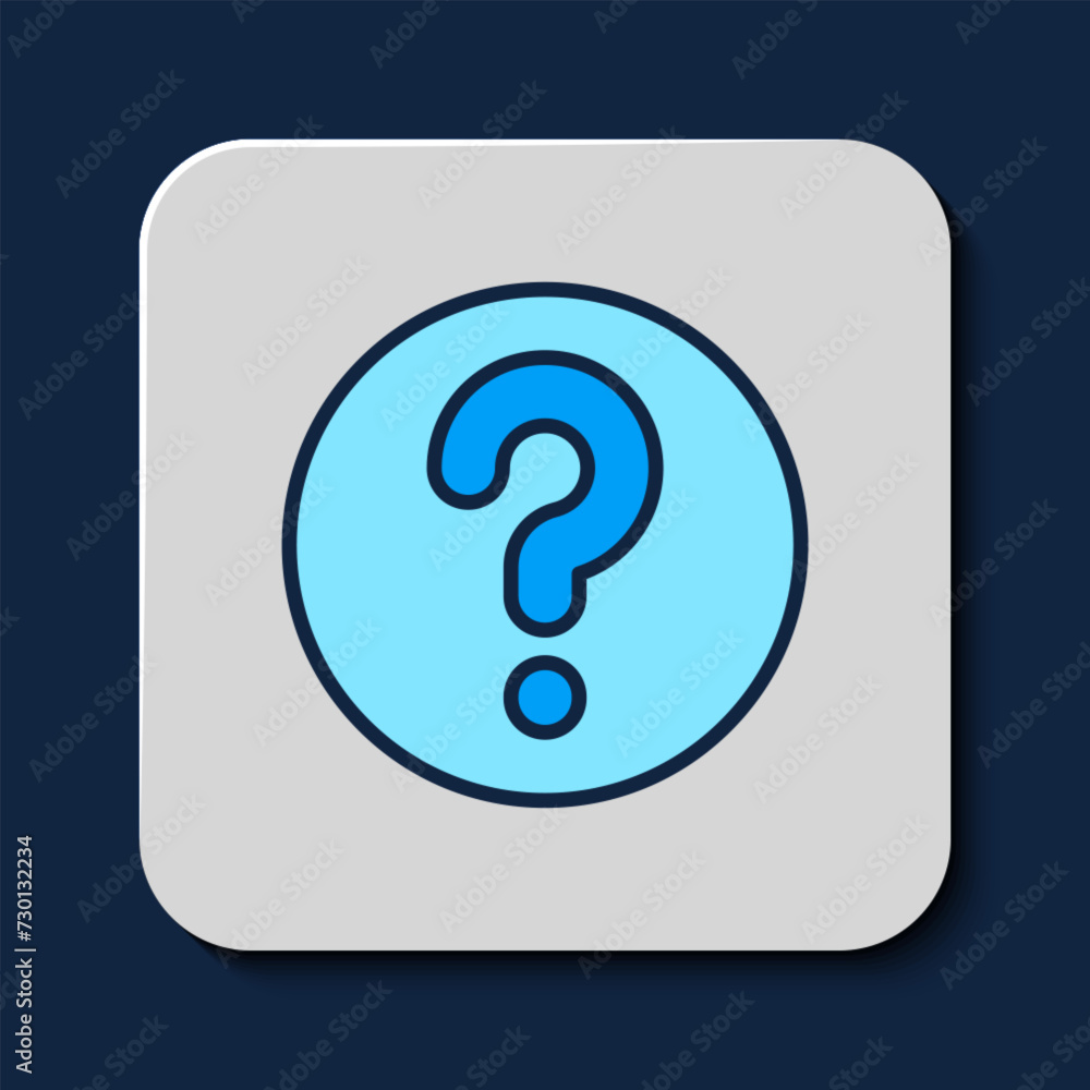 Poster filled outline unknown search icon isolated on blue background. magnifying glass and question mark. 