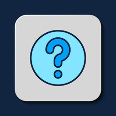 Filled outline Unknown search icon isolated on blue background. Magnifying glass and question mark. Vector