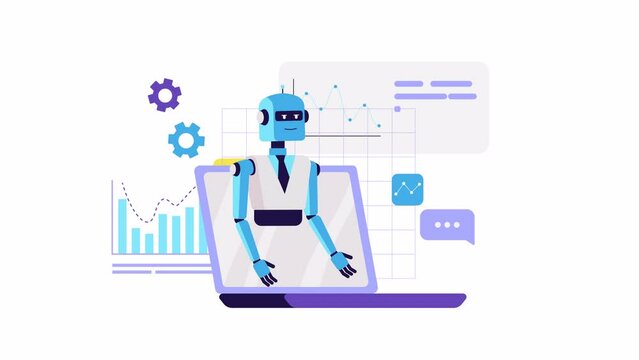 Robot talking animation. Laptop, graphs, business concept. Chat bot, artificial intelligence, customer support. Online communication with AI, Virtual assistant. Lip sync, narration, voice over