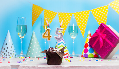 Date of birth for woman or girl with birthday box. Pie with number of candles  45. Anniversary...