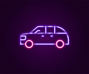 Glowing neon line Hatchback car icon isolated on black background. Colorful outline concept. Vector