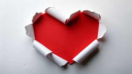 Naklejka na ściany i meble Heart shaped red hole torn through paper, isolated on white background