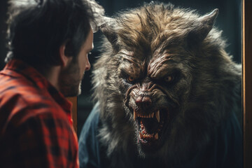Naklejka premium Generative ai creative abstract collage of spooky werewolf attack human fighter
