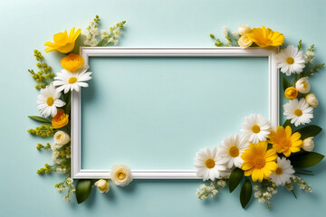 Naklejka na ściany i meble Cartoon flowers illustration. Creative layout made with flowers and white frame. Spring minimal concept. Natural background. Copy ad text space