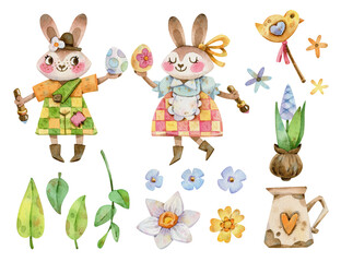 Watercolor set of Easter elements. Hand drawn illustration. Flowers, eggs, bunnies, leaves and other elements for design