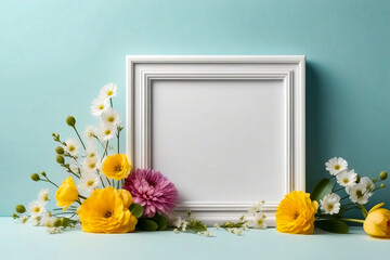 Cartoon flowers illustration. Creative layout made with flowers and white frame. Spring minimal concept. Natural background. Copy ad text space