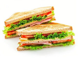 A delicious club sandwich with fresh lettuce, tomato, cheese, ham, and toasted bread, presented in two halves on a white background