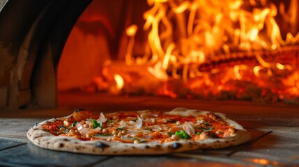 A rustic wood-fired pizza oven, flames dancing around a freshly baked pizza