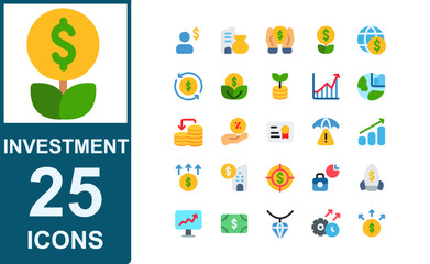 investment icon collection.flat style.full color vector.contains investment,global stock exchange,shares,banking,chart,currency,dollar,fund,increase.