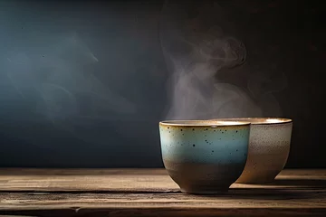 Foto op Plexiglas Two steaming cups of hot tea on dark wooden table capturing moment of warmth and aroma closeup of cups reveals delicate steam rising suggesting fresh and tasty beverage perfect for breakfast or break © Bussakon