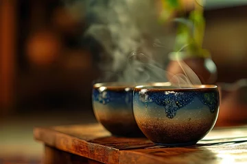 Draagtas Two steaming cups of hot tea on dark wooden table capturing moment of warmth and aroma closeup of cups reveals delicate steam rising suggesting fresh and tasty beverage perfect for breakfast or break © Bussakon