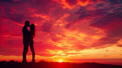 Obraz premium A couple's passionate kiss under a vibrant sunset, love igniting in the twilight