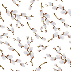 Watercolor seamless pattern with willow. Easter. Background for packing paper, decor, and textiles.