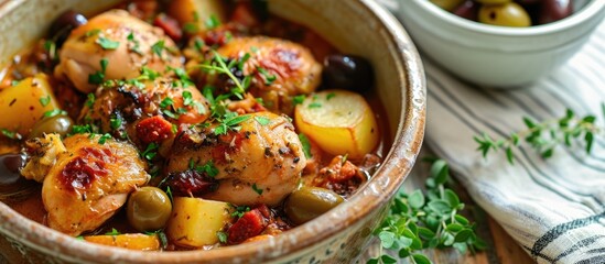 Chicken stew from Spain with chorizo, olives, and potatoes. - obrazy, fototapety, plakaty