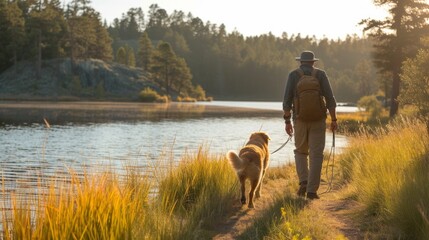 A man and his dog exploring a tranquil lakeside trail