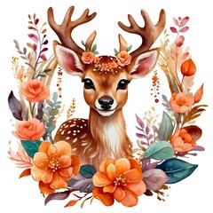 Watercolor illustration portrait of a cute adorable deer fawn with flowers on isolated white background.
