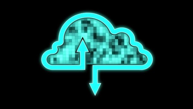 A digital cloud with a ribbon on the sky and arrows at the ends pointing up and down on a black background. Cloud service. Blocking. Cg