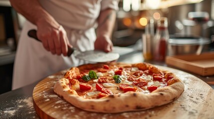 A pizzaiolo expertly sliding a pizza peel under a freshly baked pizza, ready for slicing