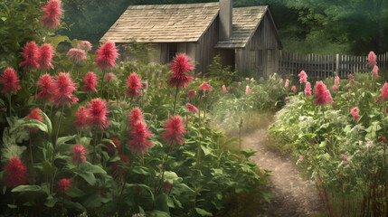 Bee Balm integrated into a cottage garden landscape. 