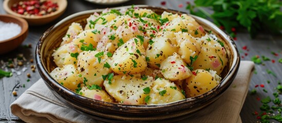 Rustic-style potato salad with mustard seeds and white filling.