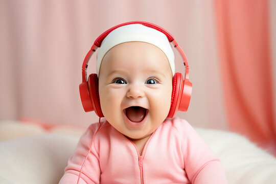 Portrait photo of a little funny cute child listening to music at home indoors generative AI