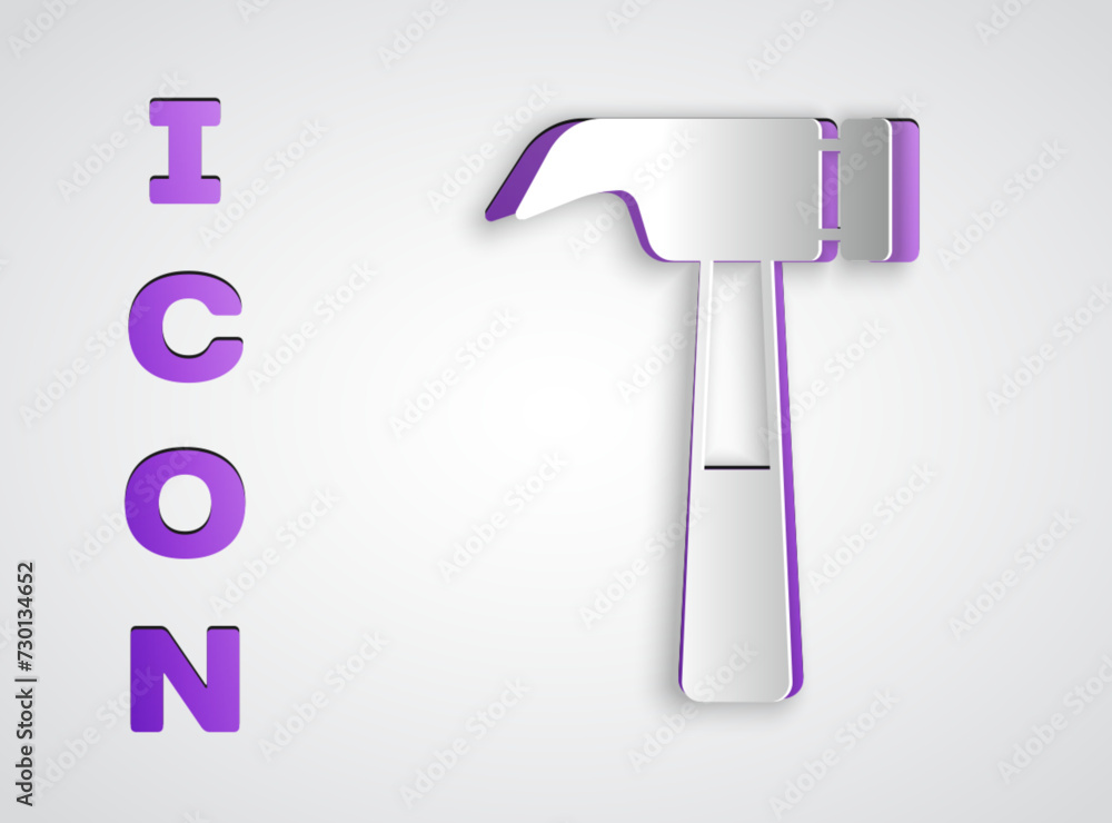 Poster paper cut hammer icon isolated on grey background. tool for repair. paper art style. vector