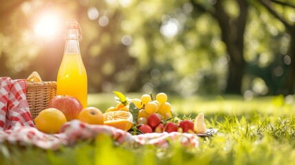 A picnic spread featuring a chilled bottle of lemonade and fresh fruit under dappled sunlight