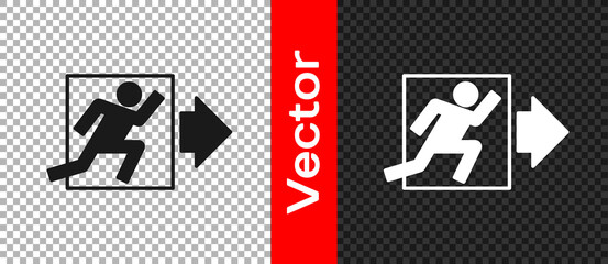 Black Fire exit icon isolated on transparent background. Fire emergency icon. Vector