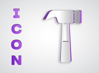 Paper cut Hammer icon isolated on grey background. Tool for repair. Paper art style. Vector