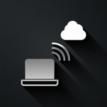 Silver Network cloud connection icon isolated on black background. Social technology. Cloud computing concept. Long shadow style. Vector