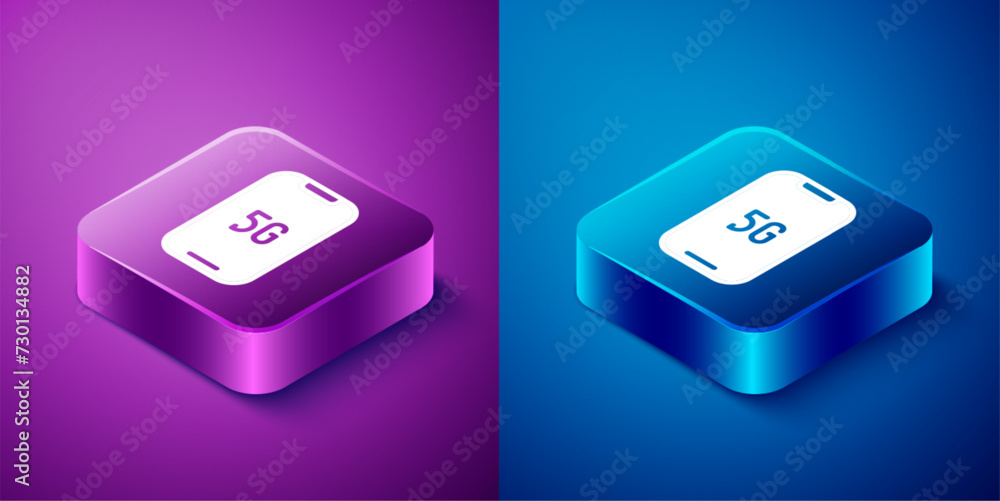 Poster isometric mobile with 5g new wireless internet wifi icon isolated on blue and purple background. glo