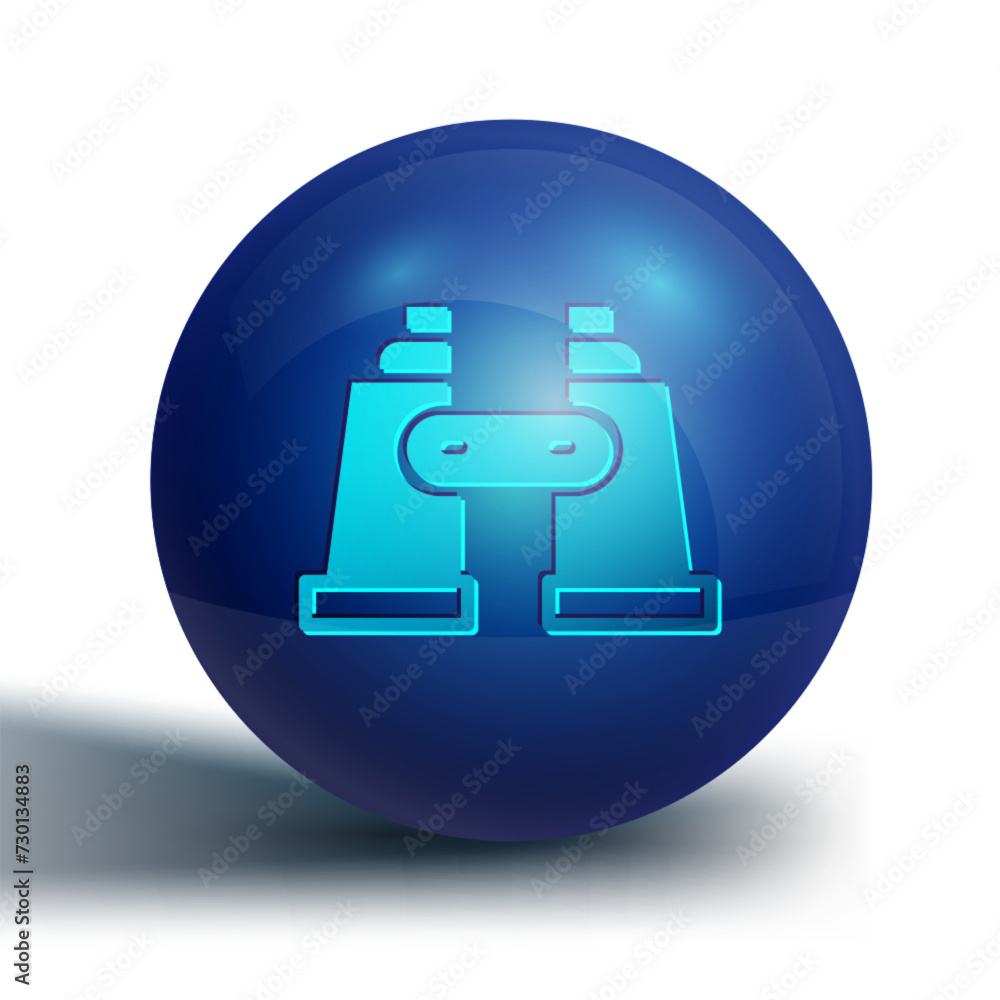 Sticker Blue Binoculars icon isolated on white background. Find software sign. Spy equipment symbol. Blue circle button. Vector