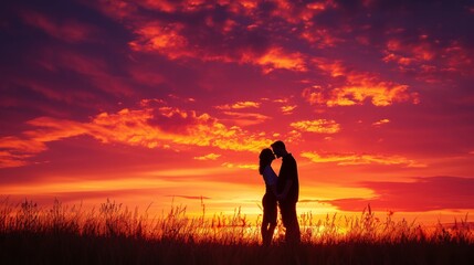 A couple's passionate kiss under a vibrant sunset, love igniting in the twilight