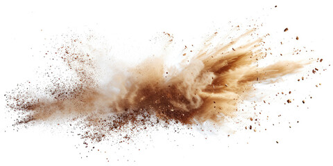 a brown splash painting on white background, brown  powder dust paint  beige brown explosion explode burst isolated splatter abstract. brown smoke or fog  particles explosive special effect