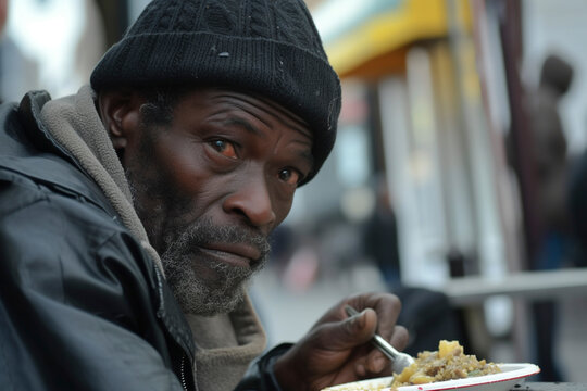 A homeless African American man eats at a street canteen for the poor.