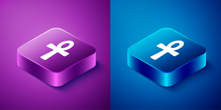 Isometric Cross ankh icon isolated on blue and purple background. Egyptian word for life or symbol of immortality. Square button. Vector