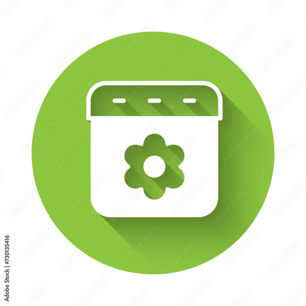 Poster white calendar spring icon isolated with long shadow background. event reminder symbol. green circle