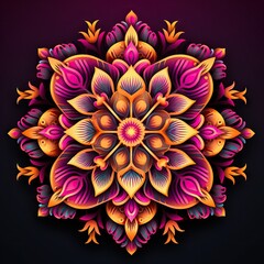 Mandala isolated on dark purple background. Beautiful Rangoli floral design for Onam. Oriental Indian style. Ornament for print, card, paper, textile. Yoga and meditation concept