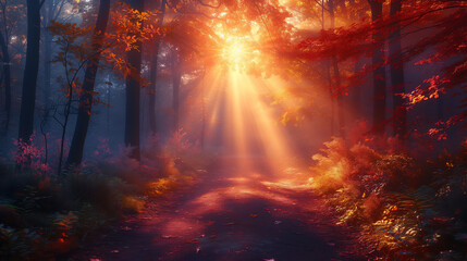 Dreamy colors showing a forest path with the sun behind a tree casting beautiful rays through wafts of mist , Ai generated image