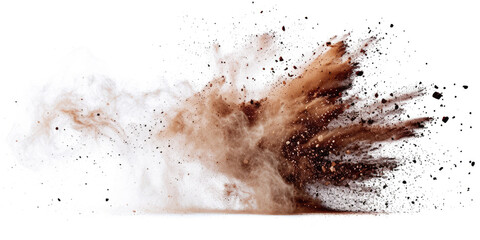 a brown splash painting on white background, brown  powder dust paint  beige brown explosion explode burst isolated splatter abstract. brown smoke or fog  particles explosive special effect