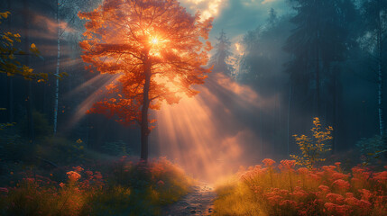 Obraz na płótnie Canvas Sunset over the forest, dreamy colors showing a forest path with the sun behind a tree casting beautiful rays through wafts of mist , Ai generated image