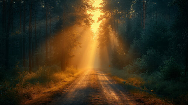 Sun in the forest, A dirt road in the middle of a forest with sunbeams shining through the trees on either side of the road is a dirt road with grass and trees, Ai generated image