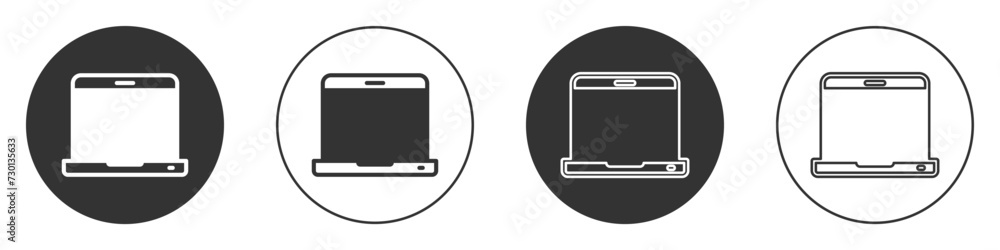 Poster black laptop icon isolated on white background. computer notebook with empty screen sign. circle but